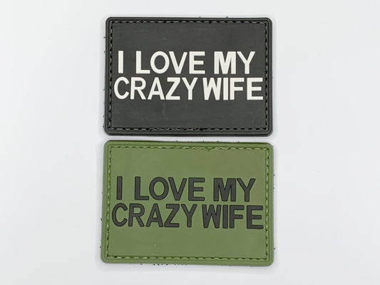 I LOVE MY CRAZY WIFE PVC Patch, Velcro backed Badge. Great for attaching to your field gear, jackets, shirts, pants, jeans, hats or even create your own patch board.  Size: 7x5cm