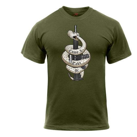 Rothco’s Come & Take It T-Shirt includes the historical slogan “Come And Take It”, first used by a Spartan King as a statement of defiance.   Detailed Image Of A Snake And Rifle With Text “Come & Take It” Are Printed On The Front Of This Firearm T-Shirt Come And Take It Graphic T-Shirt Is Constructed With A Cotton Polyester Blend For A Winning Combination Of Unbeatable Comfort And Rugged Durability Gun Graphic Tee Features A Tag-Less Label www.moralepatches.com.au