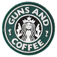 Guns and Coffee PVC Patch, Velcro backed Badge. Great for attaching to your field gear, jackets, shirts, pants, jeans, hats or even create your own patch board.  Size: 6cm