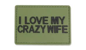 I LOVE MY CRAZY WIFE PVC Patch, Velcro backed Badge. Great for attaching to your field gear, jackets, shirts, pants, jeans, hats or even create your own patch board.  Size: 7x5cm
