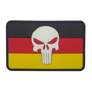 German Flag with Skull PVC Patch, Velcro backed Badge. Great for attaching to your field gear, jackets, shirts, pants, jeans, hats or even create your own patch board.  Size: 8x5cm