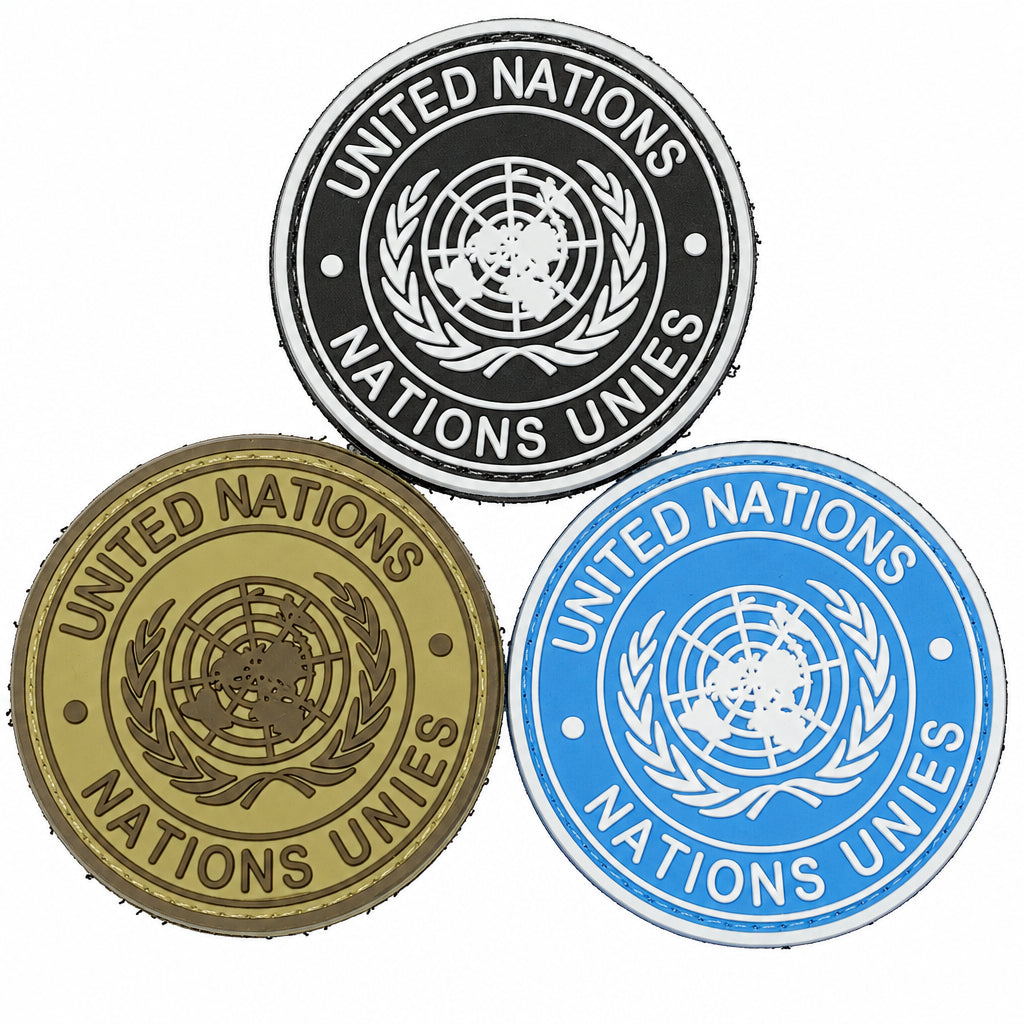 6cm PVC United Nations Flag Patch Round Tactical Velcro backed armband army combat badge in multiple colours.  Great for attaching to your field gear, jackets, shirts, pants, jeans, hats or even create your own patch board.