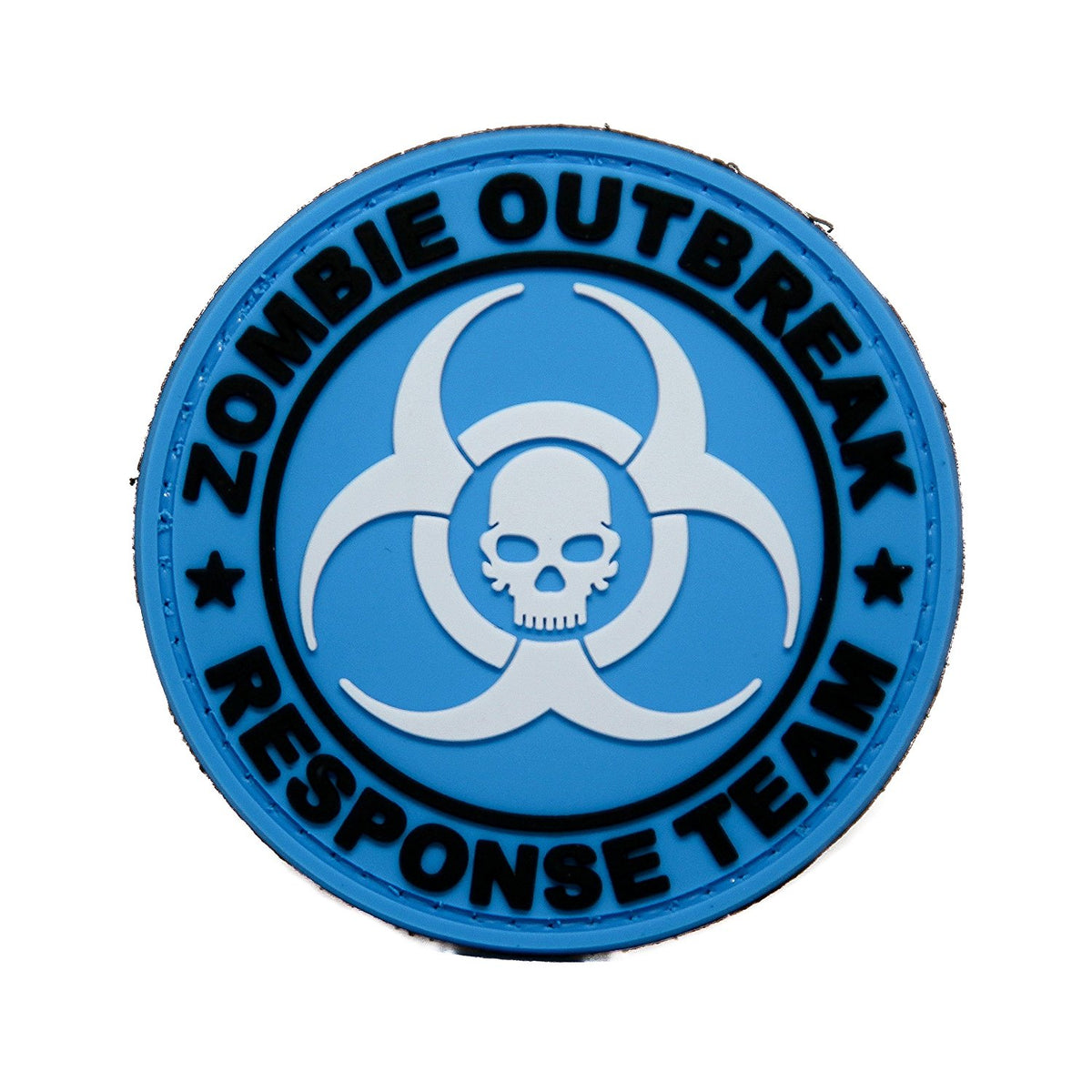 Zombie Outbreak Response Team Biohazard Skull PVC Patch Blue, Velcro backed Badge. Great for attaching to your field gear, jackets, shirts, pants, jeans, hats or even create your own patch board.  Size: 7cm  moralepatches.com.au