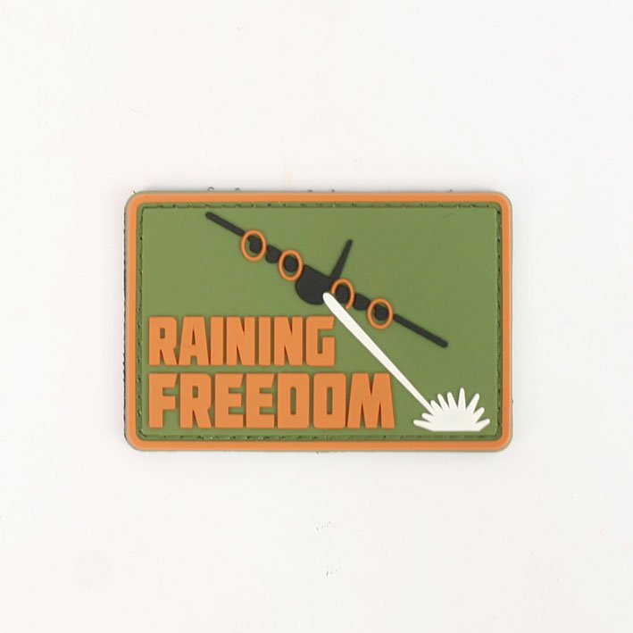 Raining Freedom PVC Patch, Velcro backed Badge. Great for attaching to your field gear, jackets, shirts, pants, jeans, hats or even create your own patch board.  Size: 7.5x5cm