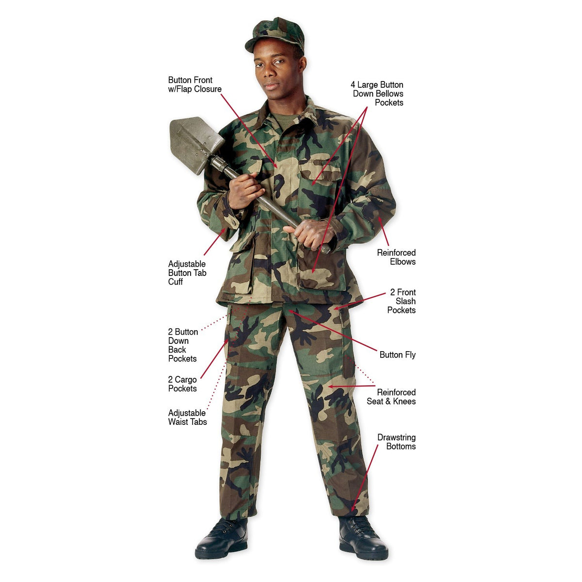 Rothco’s Camo BDU Shirts are designed for tactical use with undeniable comfort and unbeatable durability. These tactical shirts are modeled after the U.S. military’s standard issue battle dress uniform (BDU).