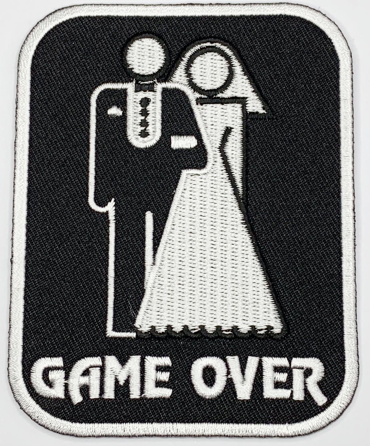 Game over marriage Iron On Patch. Great for attaching to your jackets, shirts, pants, jeans, hats.  Size: 7.62x9.53cm