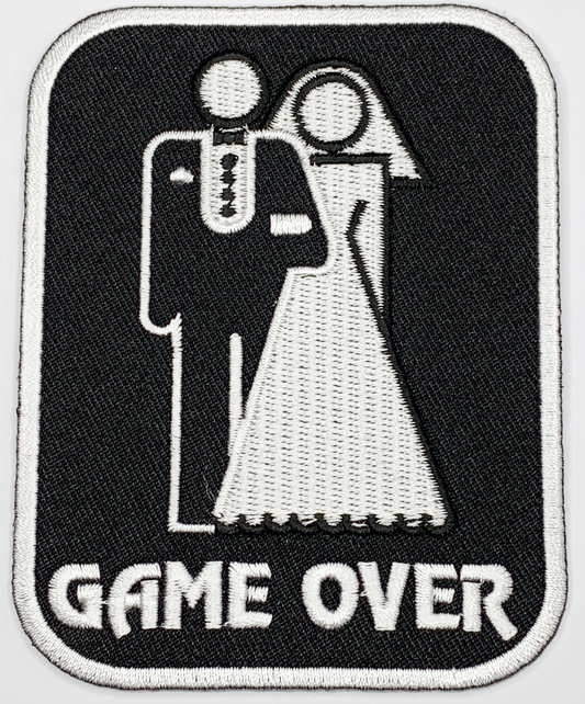 Game over marriage Iron On Patch. Great for attaching to your jackets, shirts, pants, jeans, hats.  Size: 7.62x9.53cm