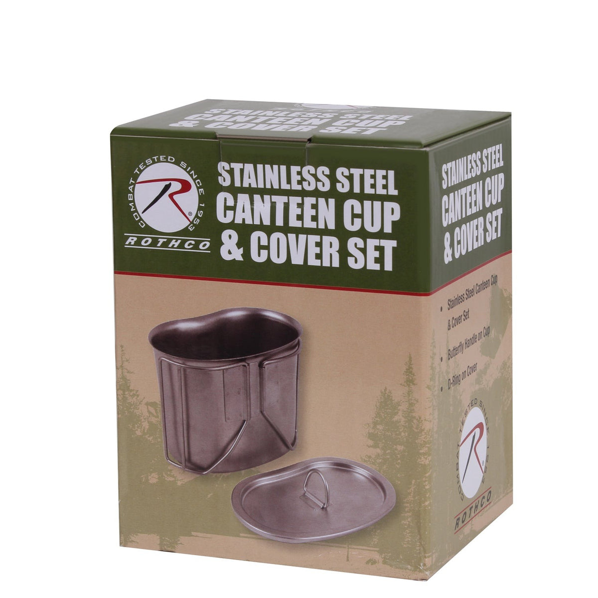 Rothco's Stainless Steel Canteen Cup and Cover Set is ideal for camping, bug out bags, and cooking.   Durable Heavy Gauge Stainless Steel Cup And Cover Set Convenient Lid Helps Keep Water Or Food Fresh Butterfly Handle Makes It Easy To Hold And Use Measures: 4 1/2" X 2 7/8" (Bottom), 5 1/4" X 3 1/4" (Top), And 3 3/4" (Height) Ideal For Camping, Hiking, Or Bug Out Bags