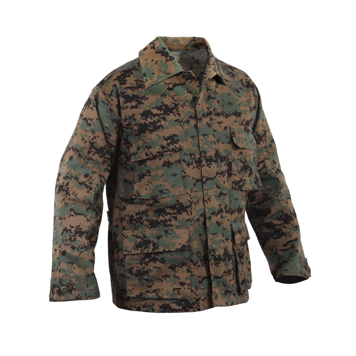 Rothco's B.D.U. Shirts feature a Poly/Cotton Twill material that is durable yet comfortable. The BDU Shirt Jacket offers maximum utility with four large button-down bellowed pockets and front button pocket with a secure flap closure and adjustable button tab cuff sleeves.