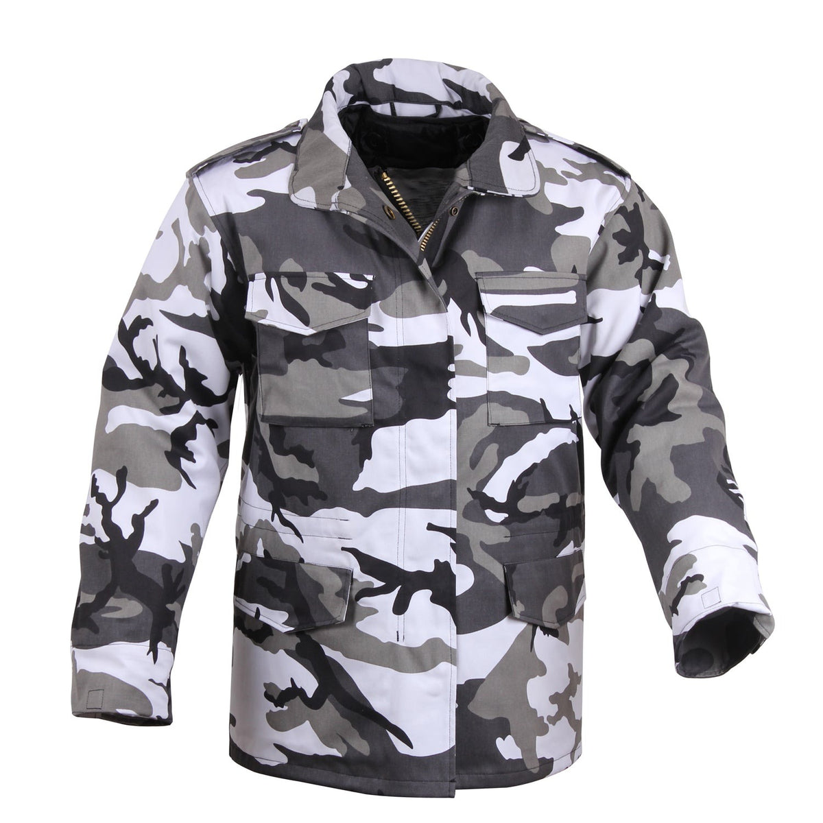 Field Jacket Is Made To Government Specifications Water Repellent Poly/Cotton Twill Exterior With Shoulder Epaulets Removable 100% Polyester Quilted Button-In Liner Concealed Hood With Brass Zipper Closure And Drawstring Hood Heavy Brass Zipper, Snap-Up Storm Flap, 4 Snap-Up Pockets Hook And Loop Wrist Cuffs For Attaching Gloves Waist And Bottom Drawstring For A Snug Fit