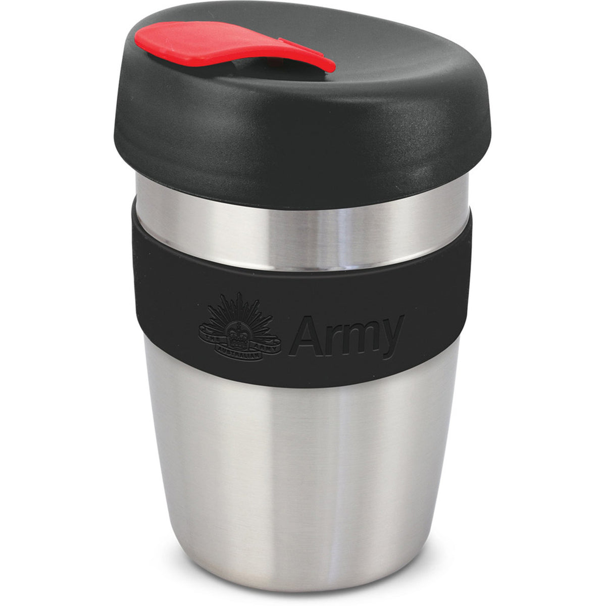 Subtly embossed with the Army brand this stylish 350ml double walled reusable coffee cup will keep your drinks hot for longer and remain cool to hold. It has a heat resistant silicone band a secure on lid with a splash proof flip closure. The cup has a stainless steel outer wall and the inner wall, lid and flip closure re manufactured from polypropylene. All the materials used are BPA-free.