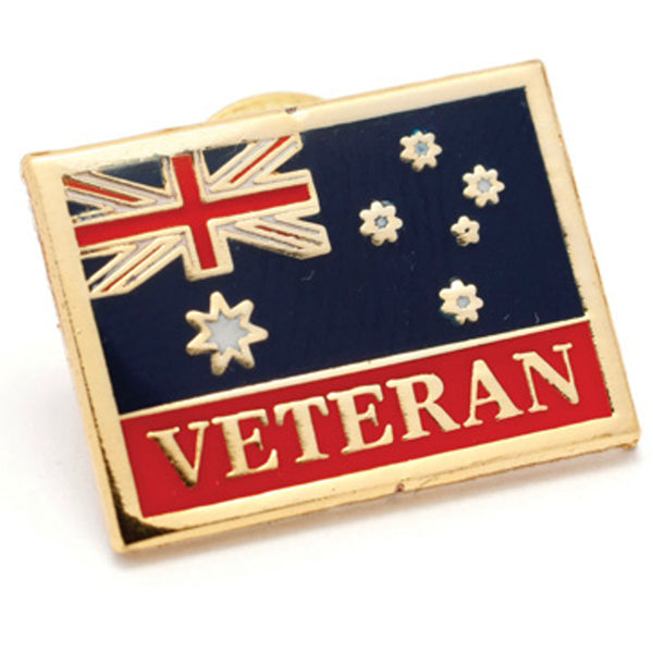Honour service with this beautiful Army Veteran Flag Badge. A wonderful lapel pin for veterans, this gold-plated lapel pin with full-colour enamel features the word 'Veteran' along the bottom. Add this sensational badge to your lapel or collection today.  Specifications:  Materials: Gold-plated zinc alloy, full-colour enamel overlay Colours: Gold, blue, red Size: Approx. 25mm www.moralepatches.com.au