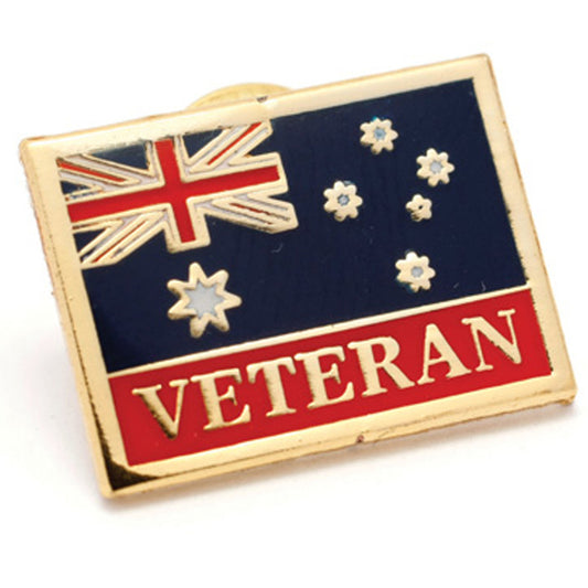 Honour service with this beautiful Army Veteran Flag Badge. A wonderful lapel pin for veterans, this gold-plated lapel pin with full-colour enamel features the word 'Veteran' along the bottom. Add this sensational badge to your lapel or collection today.  Specifications:  Materials: Gold-plated zinc alloy, full-colour enamel overlay Colours: Gold, blue, red Size: Approx. 25mm www.moralepatches.com.au