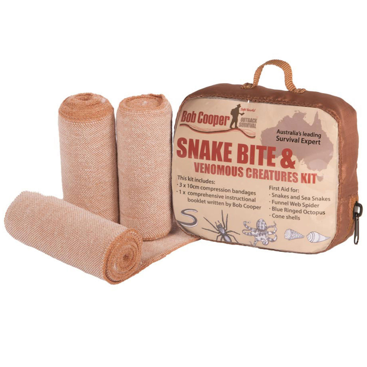 Unlike many first aid kits that contain non-elastic crepe bandages, this kit has three 10cm wide compression bandages that can maintain the correct pressure and will remain tight during the transport of the bitten person. Three bandages are necessary to apply pressure completely to an adult leg. www.moralepatches.com.au