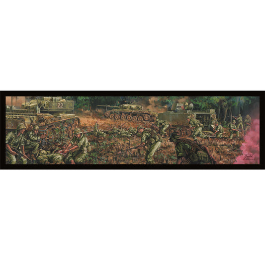 The stunning Combined Arms Contact Vietnam 1969 Bar Runner. A story on the bar. The Vietnam collection 2013 bar runner features an amazing image by renowned artist Drew Harrison which captures the Royal Australian Regiment, the 1st Armoured Regiment and the 3rd Cavalry Regiment in a combined arms engagement deep in the Vietnam jungle. Air Force Hueys move in to join the fight. The bar runner has rubber backing and measures 890mm x250mm.