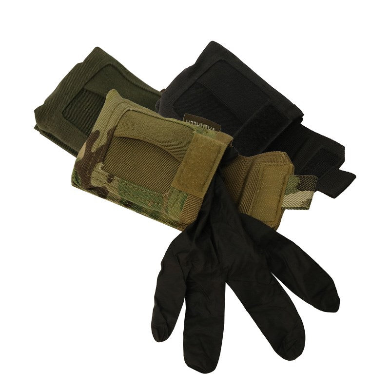 Overlapping elastic for quick access Holds three to four pairs of gloves Multiple carrying options: Molle, Belt, Carabiner MOLLE compatible Overall dimensions: 4"H x 3.5"W x .75"D