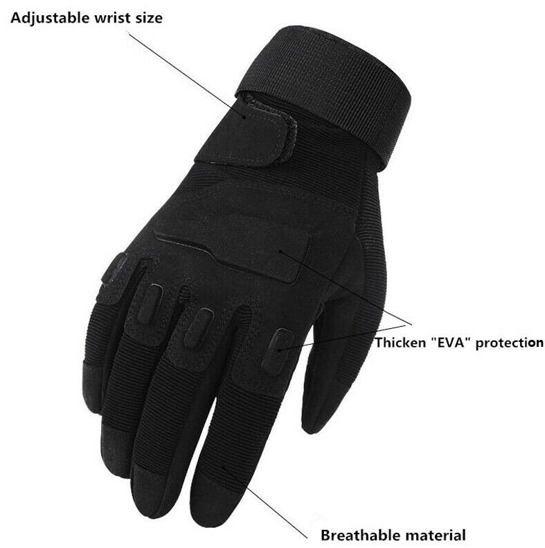 One Size Fits Most from small to large, definitely not XL or above. The velcro tightener helps keep everything firm as we put this through a rough 2 day combat test.  Great set of gloves for Military, cadets, scouts, hiking, hunting, outdoor sports or riding a motorbike.  Impact Resistant  Wear Resistant  Durable  Anti-slip  Breathable  Sweat absorbent  Quick dry  Light weight