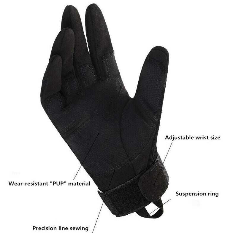 One Size Fits Most from small to large, definitely not XL or above. The velcro tightener helps keep everything firm as we put this through a rough 2 day combat test.  Great set of gloves for Military, cadets, scouts, hiking, hunting, outdoor sports or riding a motorbike.  Impact Resistant  Wear Resistant  Durable  Anti-slip  Breathable  Sweat absorbent  Quick dry  Light weight