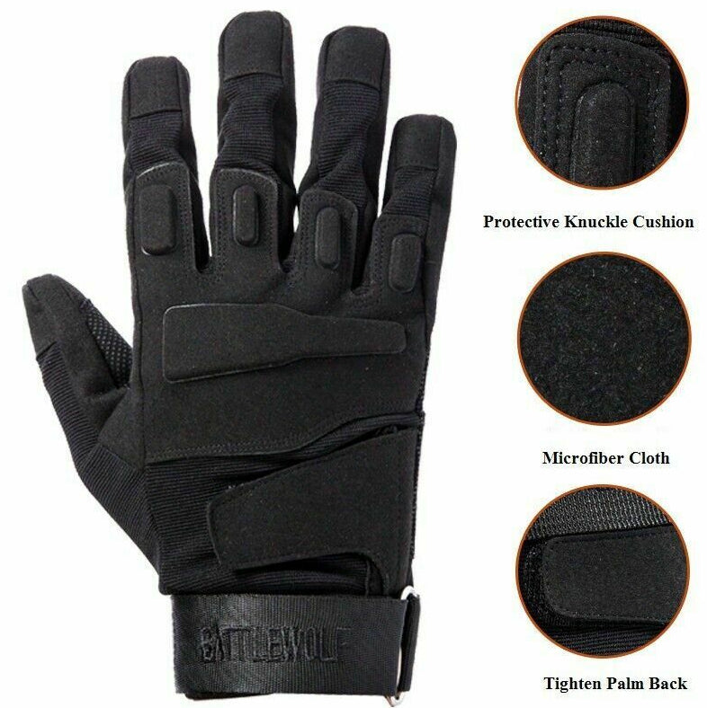 One Size Fits Most from small to large, definitely not XL or above. The velcro tightener helps keep everything firm as we put this through a rough 2 day combat test.  Great set of gloves for Military, cadets, scouts, hiking, hunting, outdoor sports or riding a motorbike.  Impact Resistant  Wear Resistant  Durable  Anti-slip  Breathable  Sweat absorbent  Quick dry  Light weight