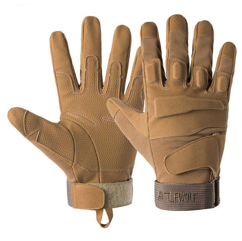 One Size Fits Most from small to large, definitely not XL or above. The velcro tightener helps keep everything firm as we put this through a rough 2 day combat test.  Great set of gloves for Military, cadets, scouts, hiking, hunting, outdoor sports or riding a motorbike.  Impact Resistant  Wear Resistant  Durable  Anti-slip  Breathable  Sweat absorbent  Quick dry  Light weight