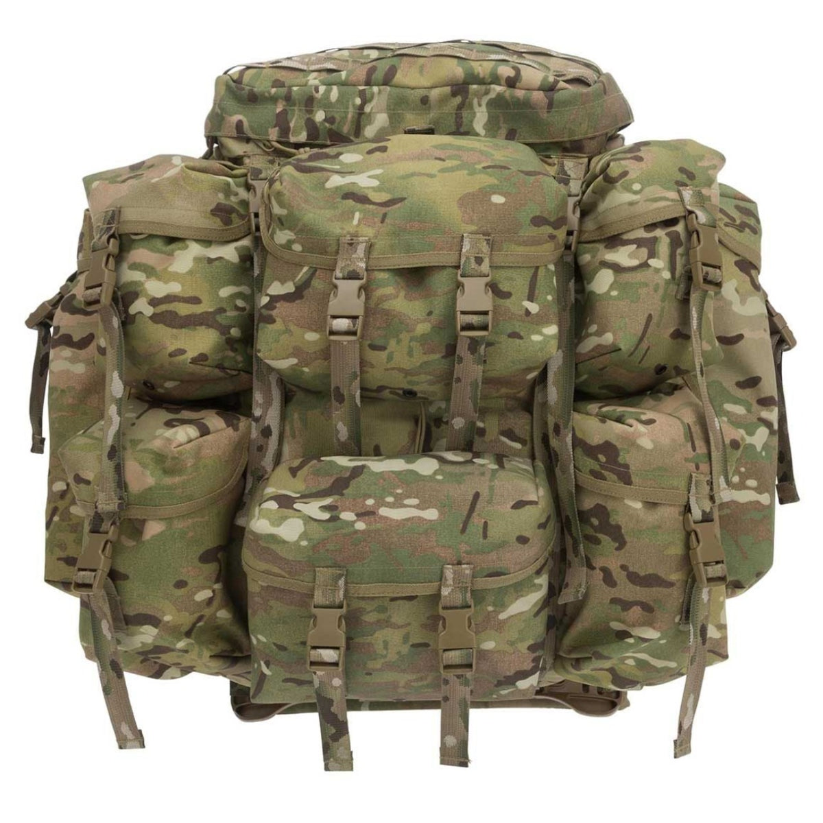 2 x 3 Litre detachable side pouches with bladder attachments 2 x 2 Litre South African water bottle pouches 2 x Wide ration pack pouches 2 x Small utility pouches 1 x Dual zipped Claymore pouch on the lid with Molle A 90-litre capacity, 65L when reduced Hoochie compartment in the lid Hidden ET tool attachment behind front pouches Internal zipped divider Internal radio pouch Side access to sleeping bag compartment 20mm closed cell foam in frame pad for extra shoulder comfort