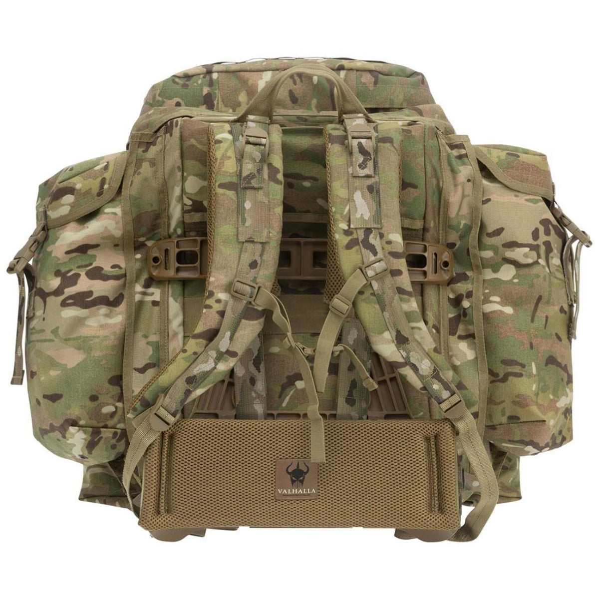 2 x 3 Litre detachable side pouches with bladder attachments 2 x 2 Litre South African water bottle pouches 2 x Wide ration pack pouches 2 x Small utility pouches 1 x Dual zipped Claymore pouch on the lid with Molle A 90-litre capacity, 65L when reduced Hoochie compartment in the lid Hidden ET tool attachment behind front pouches Internal zipped divider Internal radio pouch Side access to sleeping bag compartment 20mm closed cell foam in frame pad for extra shoulder comfort