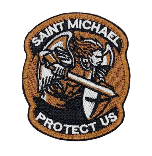 Saint Michael Copper Coloured Patch Hook & Loop.   Size: 7x8.5cm   HOOK AND LOOP BACKED PATCH(BOTH PROVIDED)