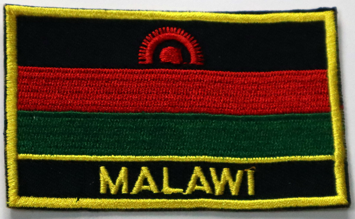 Malawi Flag Iron On Patch. Great for attaching to your jackets, shirts, pants, jeans, hats.  Size: 8x5cm