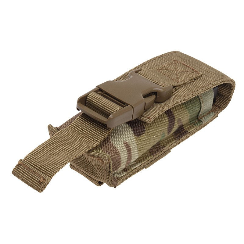 Practical small pouch for knives, Multi tools, flashlights etc.  Flap locked with quick-release buckle; Can be carried on a belt or MOLLE system;  Specifications:  Measurements: 10 x 4 x 2cm  Weight: 45g  fabric: Cordura 1000 den  Colours: Multicam, Black, Olive