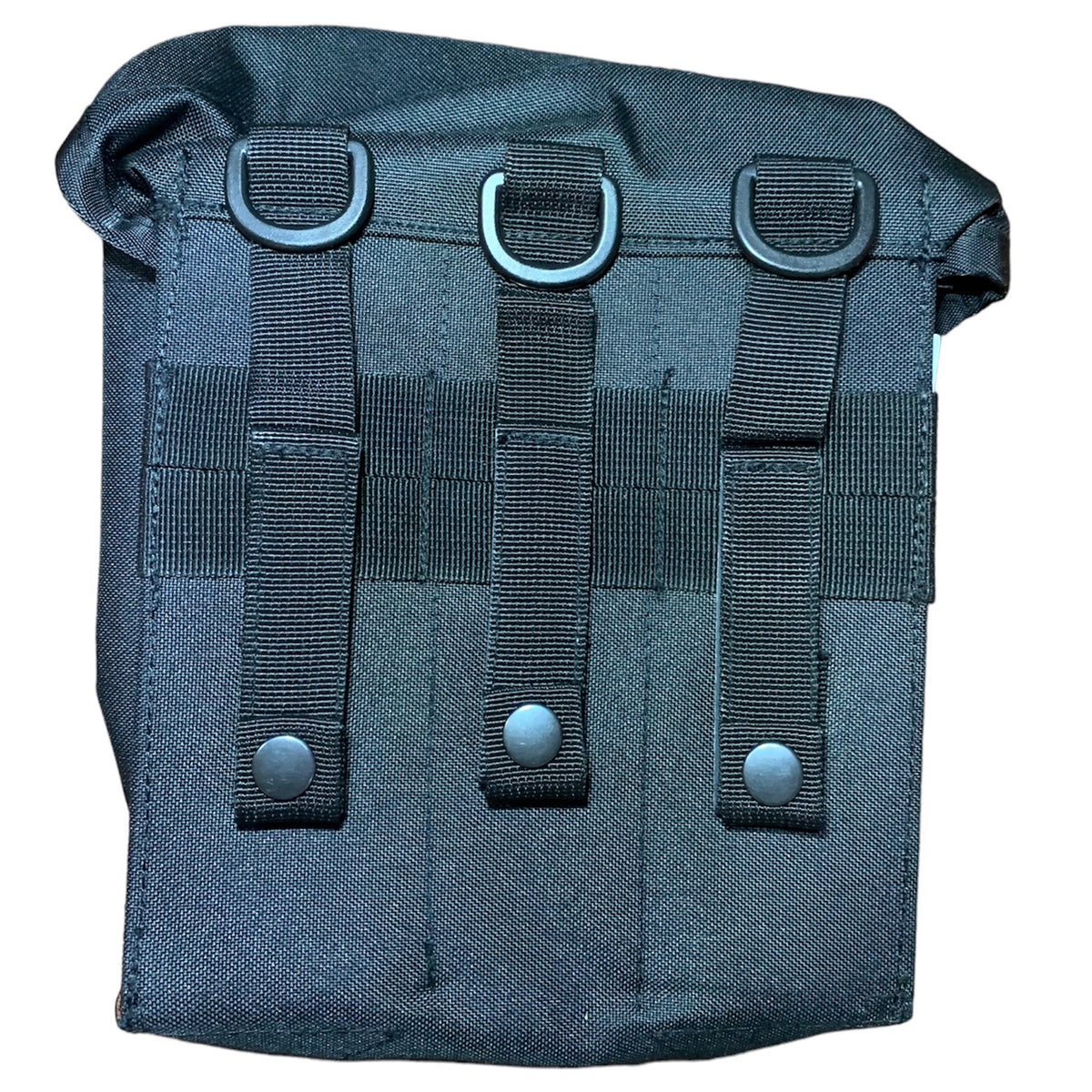 Minimi Pouch Black - Great for law enforcement gear, can fit two flask water bottles 1LT MOLLE fittings Top loading pouch Nylon webbing 900D fabric 2 coats PU coating Military specifications Nylon buckles Dimensions: 20x20x7cm www.moralepatches.com.au