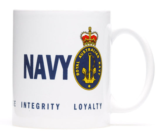 This 330ml coffee mug proudly show cases the Navy brand and values. The perfect promotional gift. Size: Dia 82mm x H 95mm