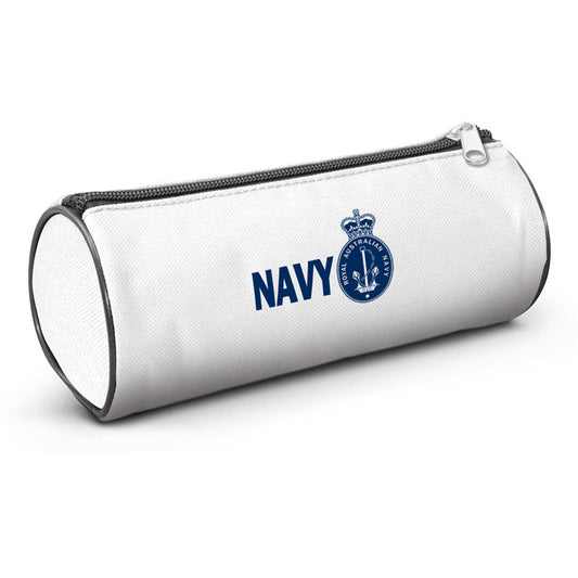 Navy branded large round pencil case manufactured from 600D polyester and comes with a foam padded inner lining and a zippered closure. Great promotional gift for for anyone who carries stationery. Dimensions L 192mm x Dia 84mm. www.moralepatches.com.au