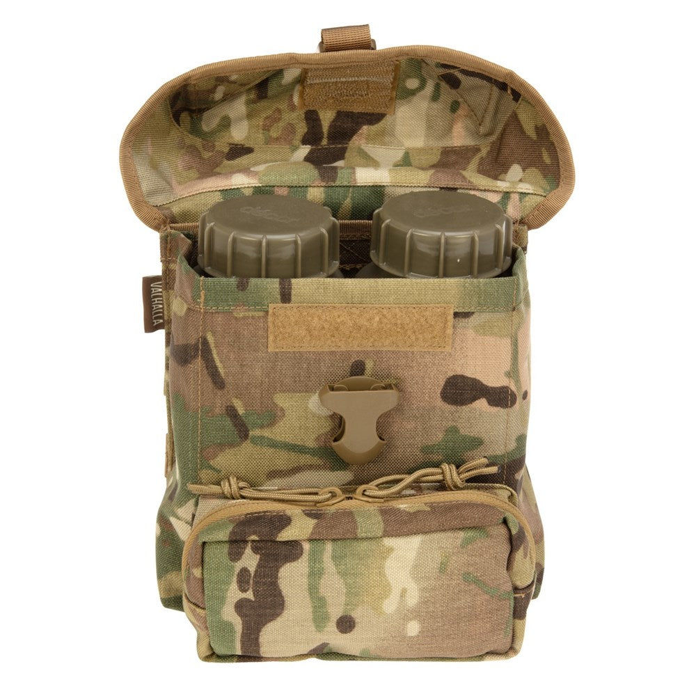 Admin pocket on the front of the pouch for extra holding space - utilises space and saves money on modifications  Fits 200 rounds of 5.56mm disintegrating link 150 rounds of 7.62 link (Approx) or two 1L flasks Horse shoe and Velcro® closure Hard plated face Double layered fabric for added reinforcement Genuine Multicam  MOLLE compatible