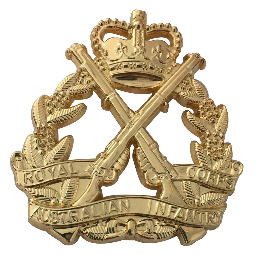 Royal Australian Infantry Corps Badge  Crossed Guns and Crown on Floral Wreath (Reproduction)  Measures 4.8 cm x 4.8 cm