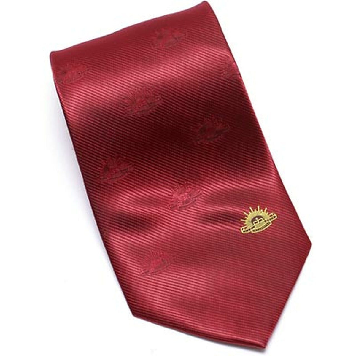Stylish red Army Polyester Tie. This beautiful polyester tie has the Army Rising Sun woven through the tie and has a gold Rising Sun on the tip of the tie for that extra display. 