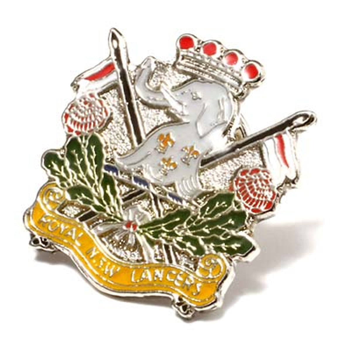 The Royal New South Wales Lancers (RNSWL) 20mm full-colour enamel lapel pin. This beautiful silver-plated lapel pin will look great on both your jacket and your cap.   Specifications:  Material: Silver-plated zinc alloy, enamel overlay Colour: White, silver, green, yellow, red Size: 20mm www.moralepatches.com.au