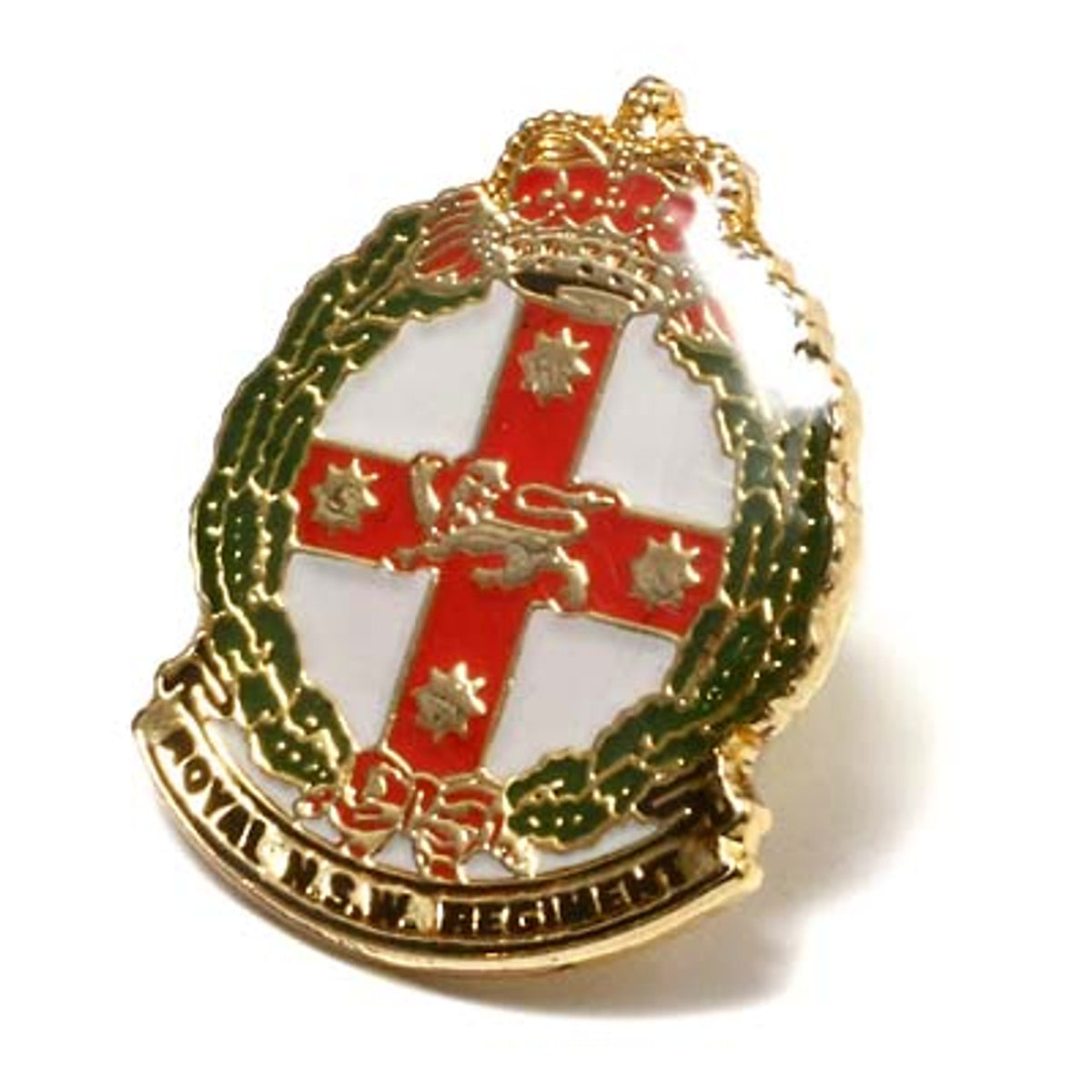 The Royal New South Wales Regiment (RNSWR) 20mm full-colour enamel lapel pin. This beautiful gold-plated lapel pin will look great on both your jacket and your cap.   Specifications:  Material: Gold-plated zinc alloy, enamel overlay Colour: Red, white, green, gold Size: 20mm www.moralepatches.com.au