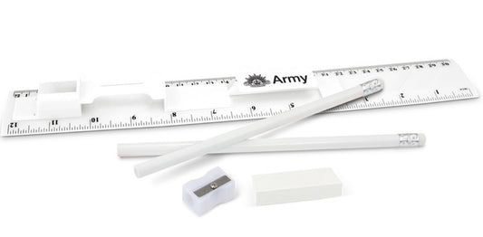 Army branded stationery set which consists of a 30cm ruler, two unsharpened pencils, a pencil sharpener and an eraser in one compact unit. The ruler has both metric and imperial graduations. Fabulous and functional event promotional gift, great for kids