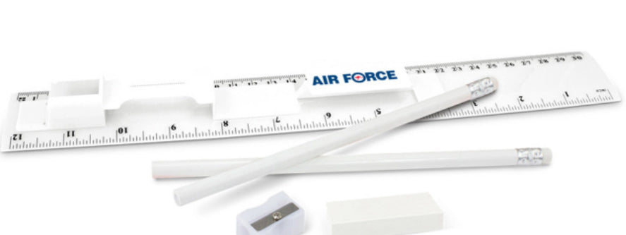 Air Force branded stationery set which consists of a 30cm ruler, two unsharpened pencils, a pencil sharpener and an eraser in one compact unit. The ruler has both metric and imperial graduations. Fabulous and functional event promotional gift, great for kids.