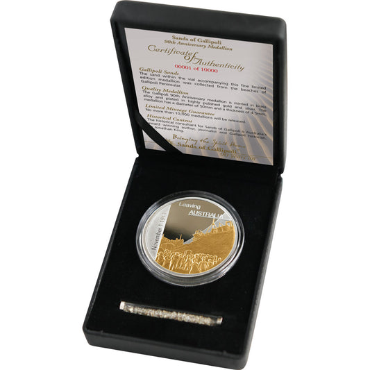 The Stunning Sands of Gallipoli 2005 release Leaving Australia Limited Edition Medallion. As the first troops of the newly formed Australian Imperial Force set sail for war on November 1st 1914 they did so with a selfless instinct to help "the Mother country". www.moralepatches.com.au