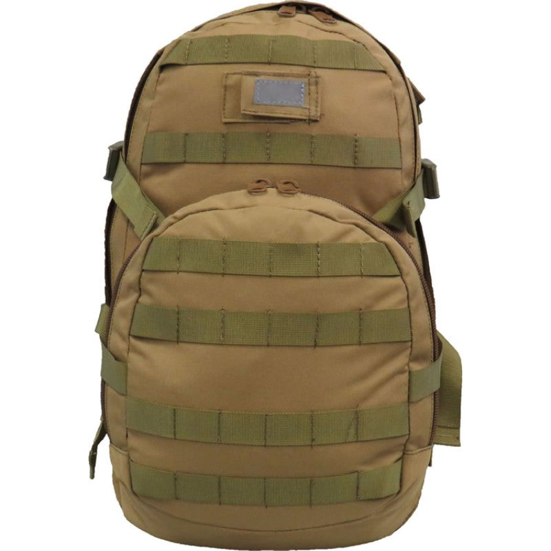 Tear drop style  Hydro facility behind harness  Second internal hydro pocket in main compartment  Bonus 2L wide mouth EVA bladder with neoprene hose cover  Main body front pocket with drainage holes  Internal front pocket with organiser  Heavy duty 900D 2 coats PU fabric  MOLLE compatible webbing plus side compression straps  External attachment points