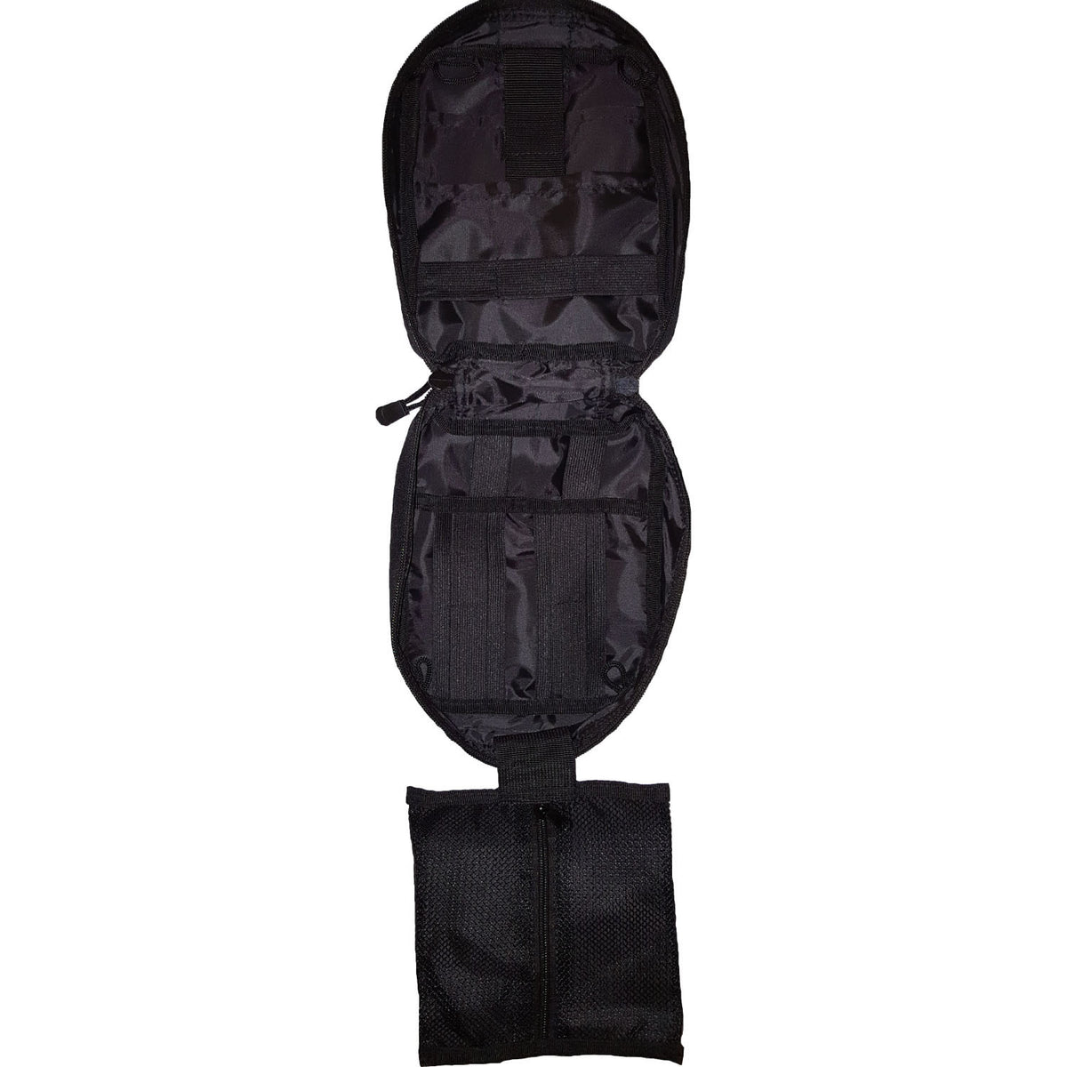 Great for bugout bags!  Emergency Medical Technician Pouch  Gear loops  Sleeve pocket  Elasticised sewn loops to hold medical gear  Sewn in flip out extendable mesh pocket which can be used as a emergency work area  20x16x8cm