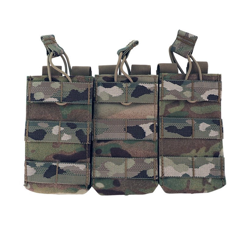 The Valhalla Triple Mag Pouch is an easy and effective way to carry your magazines. It does this by utilizing an open-top design with elastic bungee cords with easy pull tabs to hold the mags in place.  The Valhalla Triple Mag Pouch has been made to function with a variety of different types of magazines within mind.  Valhalla Triple Mag Pouch is MOLLE compatible and includes snap fastening on straps to help secure the pouch to a MOLLE webbing system.