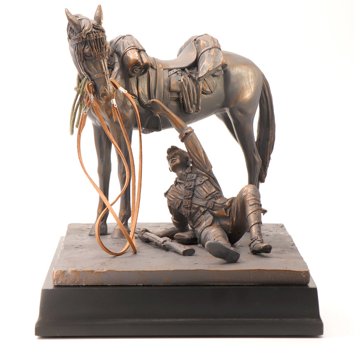 This limited edition cold cast bronze figurine honours and showcases the unbreakable bonds of the Australian Light Horsemen and their Waler mounts. Depicting an incredible scene, this beautifully detailed full-size figurine shows a mount patiently waiting for his injured rider to remount. A moving display of loyalty and companionship amongst the chaos of conflict. This stunning full-size figurine features amazing details bringing to life this incredible bond. www.moralepatches.com.au
