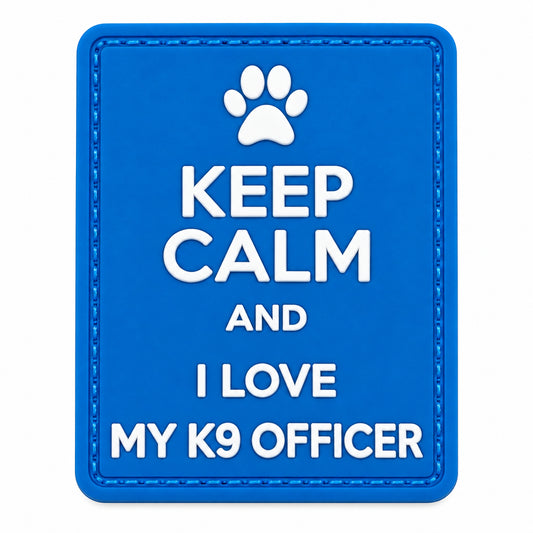 Keep Calm and I Love My K9 Officer PVC Patch Blue, Velcro backed Badge. Great for attaching to your field gear, jackets, shirts, pants, jeans, hats or even create your own patch board.  Size: 7.5x5.2cm www.moralepatches.com.au