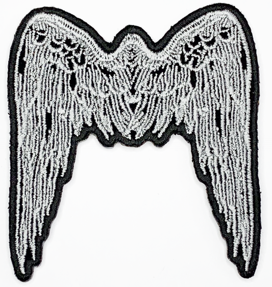 Small Angel Wings Iron On Patch Grey. Great for attaching to your jackets, shirts, pants, jeans, hats.  Size: 7.2x8cm