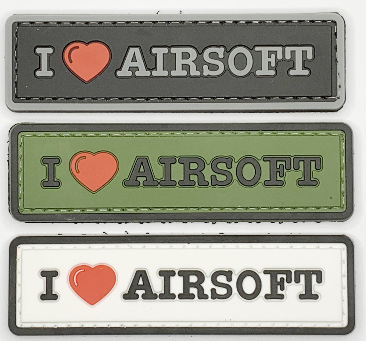 I Love Airsoft PVC Patch, Velcro backed Badge. Great for attaching to your field gear, jackets, shirts, pants, jeans, hats or even create your own patch board.  Size: 8.5x2.5cm