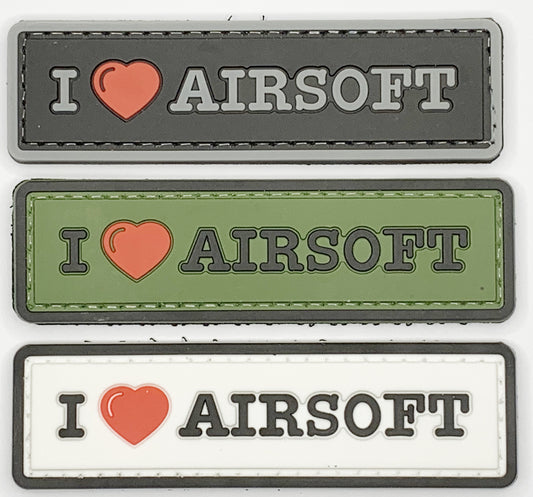 I Love Airsoft PVC Patch, Velcro backed Badge. Great for attaching to your field gear, jackets, shirts, pants, jeans, hats or even create your own patch board.  Size: 8.5x2.5cm