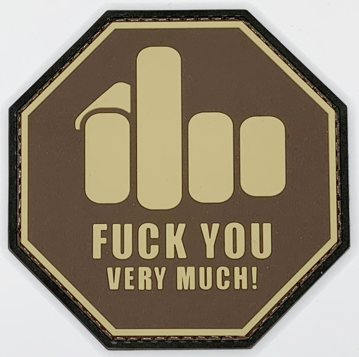 Middle Finger Fuck You Very Much PVC Patch, Velcro backed Badge. Great for attaching to your field gear, jackets, shirts, pants, jeans, hats or even create your own patch board.  Size: 8x8cm