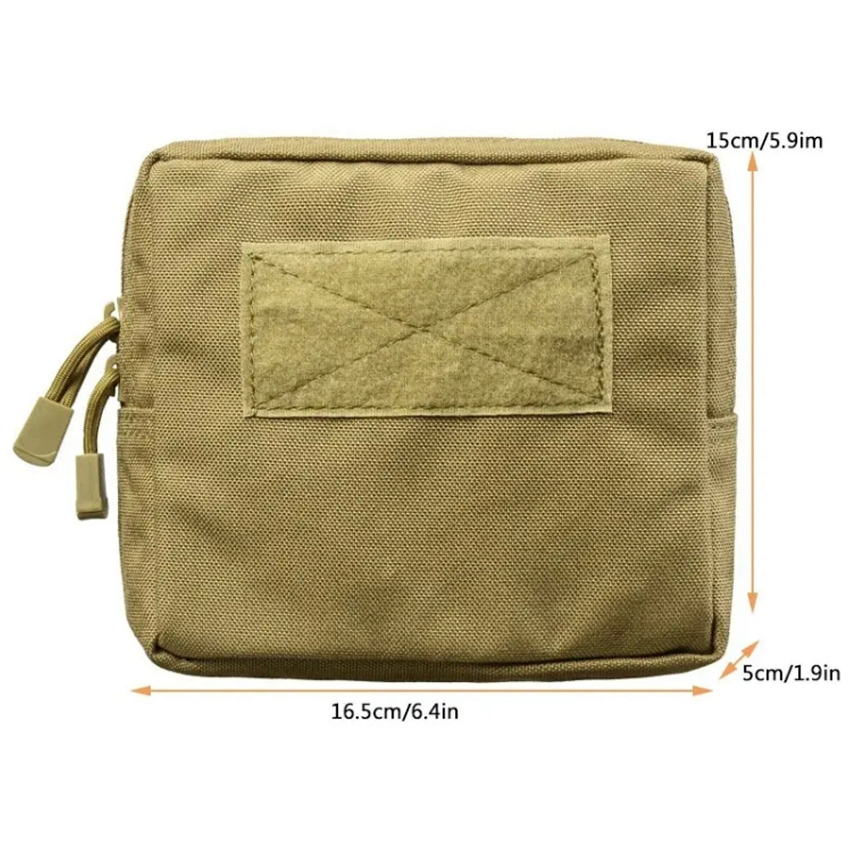 This is the perfect MOLLE pouch for attaching to your field gear. It's great for holding lots of items such as your mobile phone, snacks, tourniquets, notebooks and more. Main compartment with heavy duty zip 1 internal organiser pocket in main compartment Fit patches on the front, patch space size is 10.5x5cm 5cm deep x 16.5cm wide x 15cm high www.moralepatches.com.au